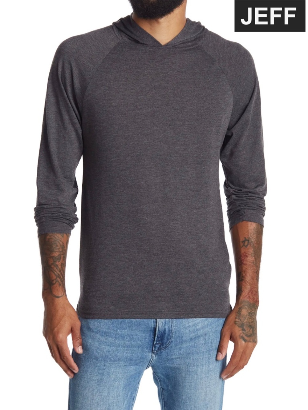 JEFF NWT RAGLAN LONG SLEEVE SOLID CHARCOAL HEATHER PULLOVER HOODIE. SIZE M